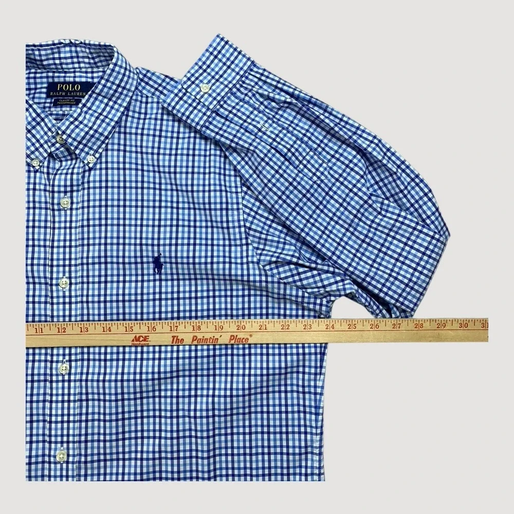 Polo Ralph Lauren‎ Shirt Mens L Blue Gingham Classic Fit Performance Stretch